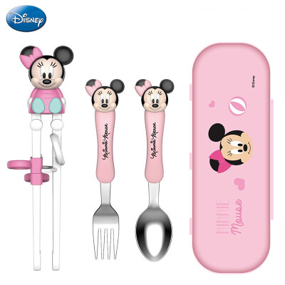迪士尼(Disney)儿童餐具 3D卡通头像宝宝训练学习筷 婴幼儿辅食用品不锈钢筷叉勺套装 米妮粉色