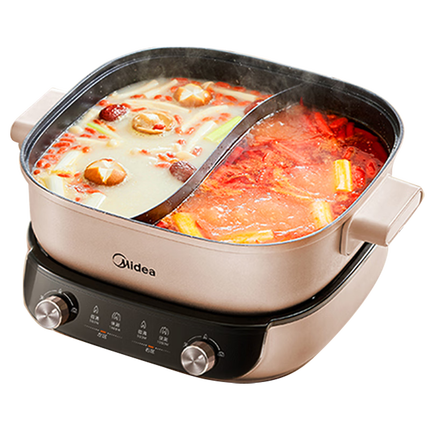 美的（Midea）电火锅 火锅专用锅分体式鸳鸯锅 电煮锅多功能锅3分06秒分区电热锅6.5L多用途锅HGS303015