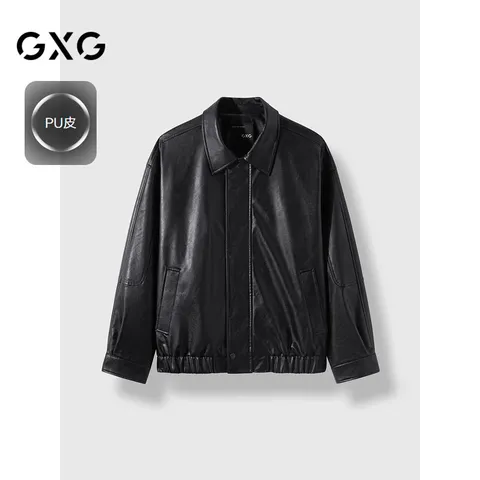 GXG男装2024年翻领皮衣夹克PU外套黑色175/L 图片 1