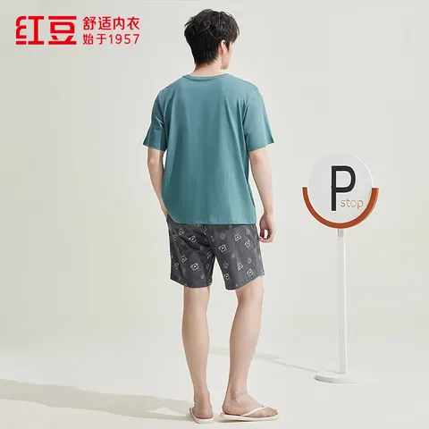 红豆男女士睡衣夏季3A抑菌圆领短袖纯棉情侣家居服套装印花可外穿 洗石蓝 L 170/92A 图片 6