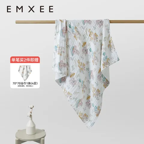 嫚熙（EMXEE）婴儿纱布浴巾纯棉宝宝新生儿童大尺寸浴巾 梦幻乐园 110×110cm 图片 1