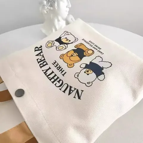 小熊帆布包女学生便携上班帆布兜手提包手拎便当帆布袋 三只小熊（带按扣） 图片 3