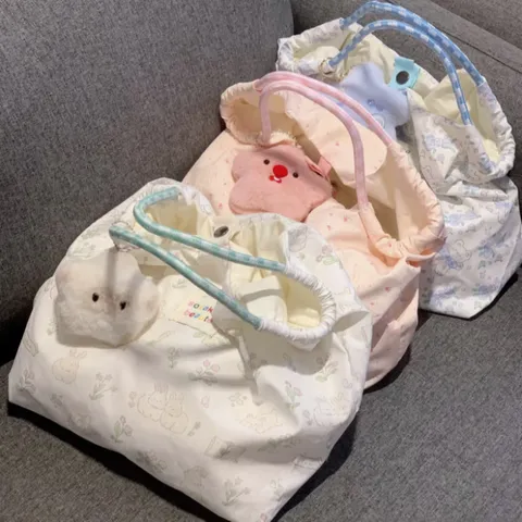 新款可爱碎花小白兔帆布包女单肩包大容量手提袋拎书布袋托特包包 粉色长耳兔【高品版】-无挂饰 图片 3