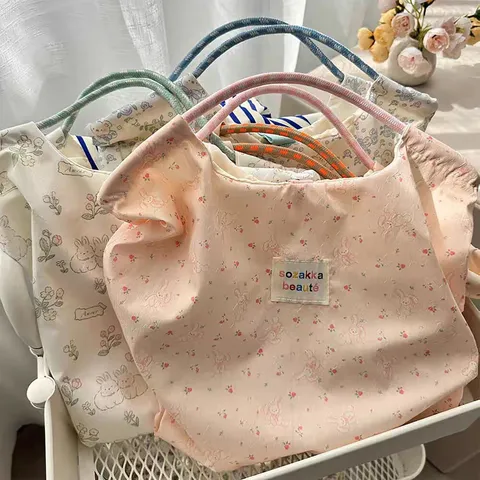 新款可爱碎花小白兔帆布包女单肩包大容量手提袋拎书布袋托特包包 粉色长耳兔【高品版】-无挂饰 图片 4