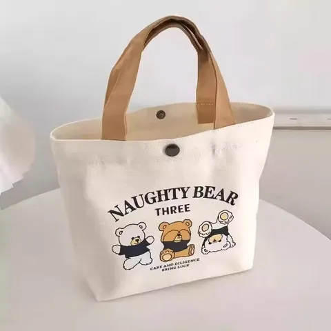 小熊帆布包女学生便携上班帆布兜手提包手拎便当帆布袋 三只小熊（带按扣） 图片 5