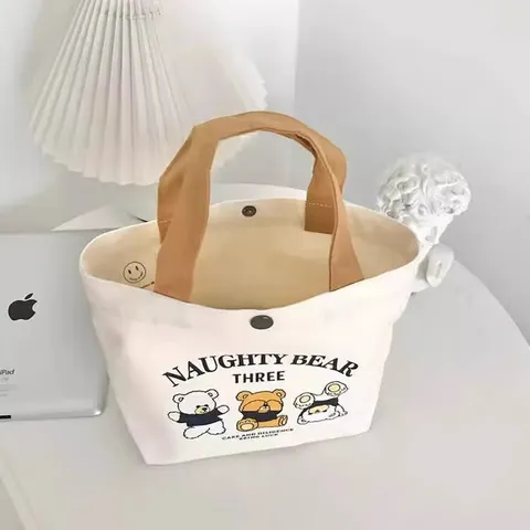 小熊帆布包女学生便携上班帆布兜手提包手拎便当帆布袋 三只小熊（带按扣） 图片 6