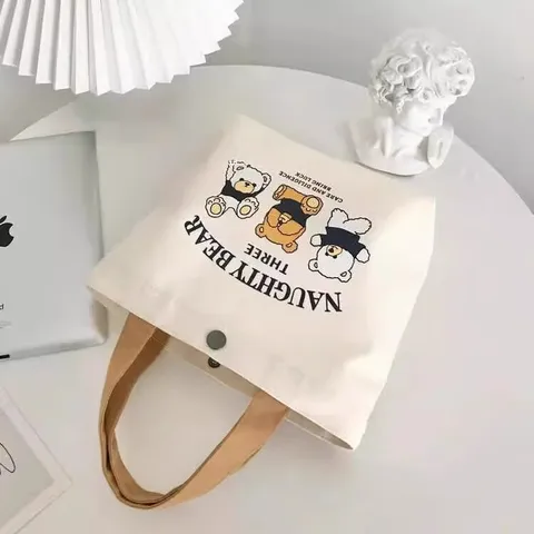 小熊帆布包女学生便携上班帆布兜手提包手拎便当帆布袋 三只小熊（带按扣） 图片 4