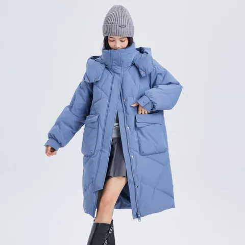 雪中飞新款百搭经典立体大口袋按扣袖口女士中长款连帽羽绒服女 雾蓝色|5205 M 165/88A 图片 4
