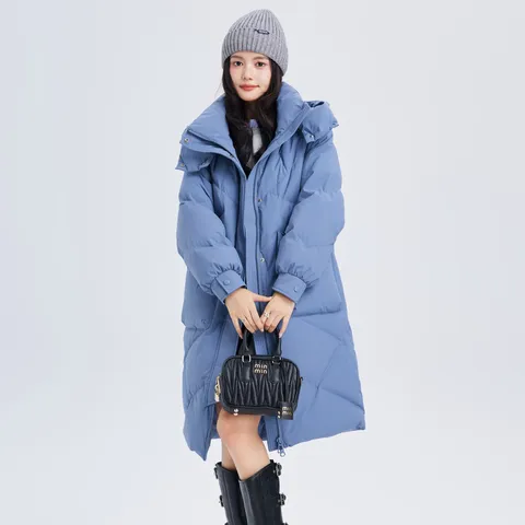 雪中飞新款百搭经典立体大口袋按扣袖口女士中长款连帽羽绒服女 雾蓝色|5205 M 165/88A 图片 2