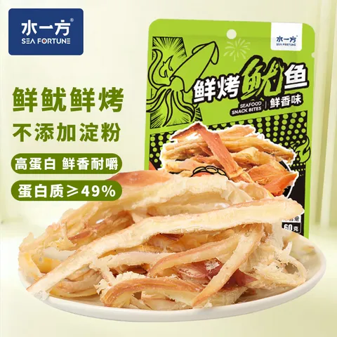 水一方鲜烤鱿鱼丝60g即食海鲜休闲零食鱿鱼干手撕炭烤鱿鱼条大连特产 图片 1