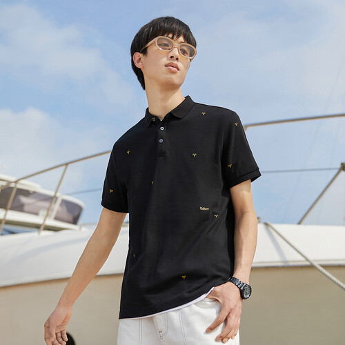 1234567cabbeen卡宾男装休闲黑色polo衫上衣夏季新款满身牛角刺绣潮流