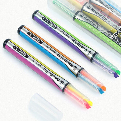 国誉kokuyo双色荧光笔beetletip甲壳虫学生用考试复习重点标记笔3支