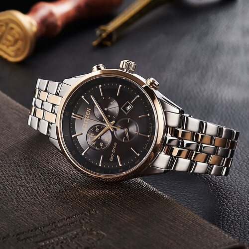 西铁城citizen手表光动能蓝宝石大盘三眼多功能时尚男表情人节礼物at