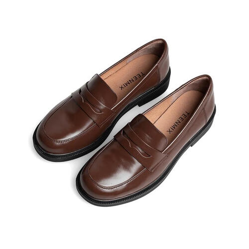 天美意皮鞋女鞋春秋乐福鞋圆头一脚蹬小商场同款休闲舒适妈妈鞋啡色36