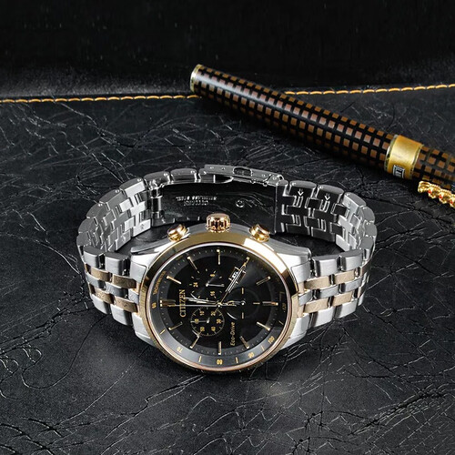 西铁城citizen手表光动能蓝宝石大盘三眼多功能时尚男表情人节礼物at