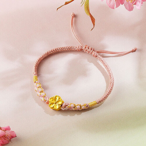 周六福珠宝桃你喜欢系列女款足金3d硬金本命年小桃花编织手绳黄金转运