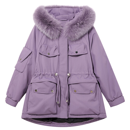 三彩冬季新款紫色狐狸毛领工装风羽绒派克服时髦派克服女紫色216588al