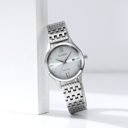 西铁城citizen女士手表光动能机芯不锈钢表带蔷薇花纹休闲时尚日历