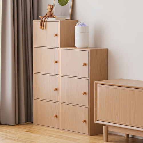 雅美乐书架落地简易书柜带门原木色卧室书房阳台飘窗置物小柜子三层y