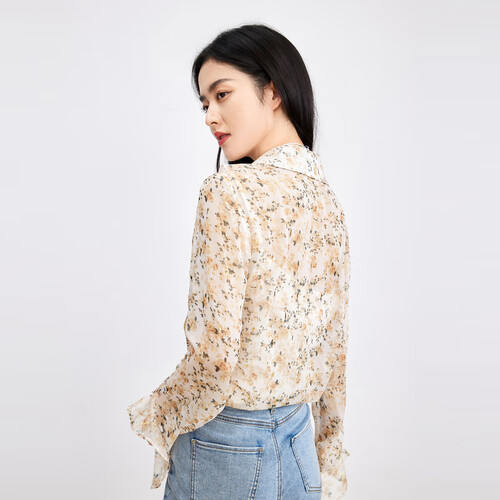 秋水伊人浪漫碎花荷叶边飘逸雪纺衬衫2023新款长袖高级法式上衣黄色l