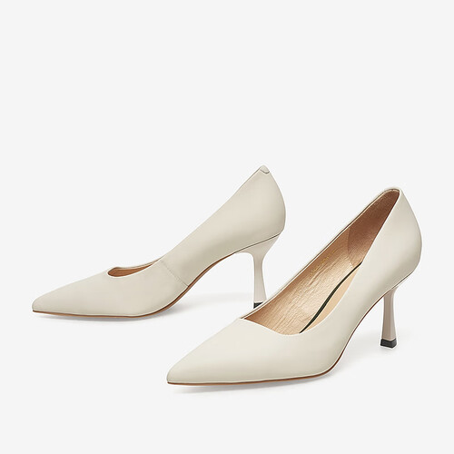 百思图2023春新款商场同款简约经典尖头细跟高跟鞋女单鞋ac033aq3米白