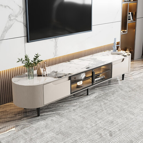 墨素 轻奢简约岩板茶几电视柜组合现代极简圆形茶几桌客厅家用小户型