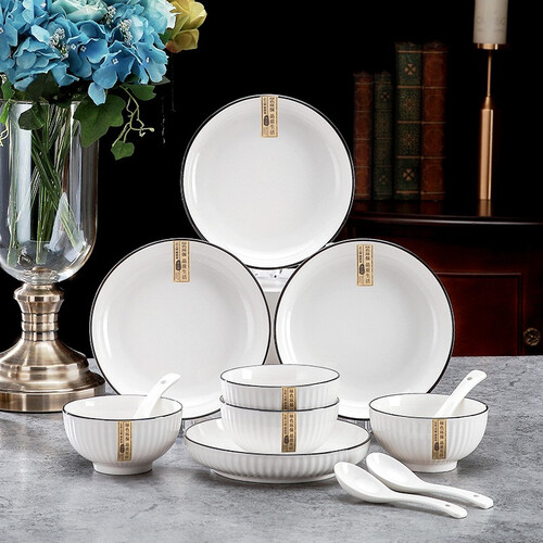 惠寻京东自有品牌16件套欧式竖纹黑线家用碗碟餐具套装