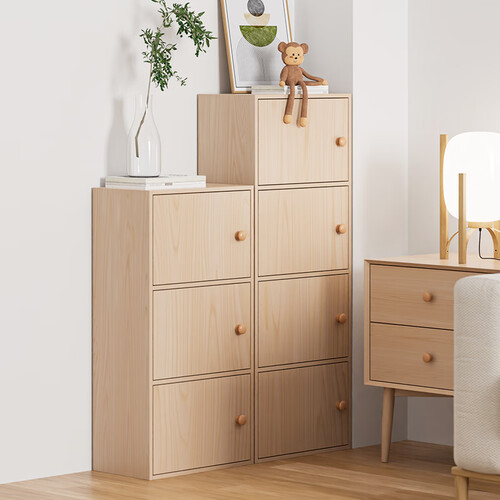 雅美乐书架落地简易书柜带门原木色卧室书房阳台飘窗置物小柜子三层y