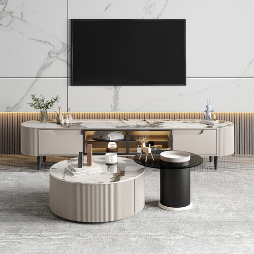 墨素 轻奢简约岩板茶几电视柜组合现代极简圆形茶几桌客厅家用小户型