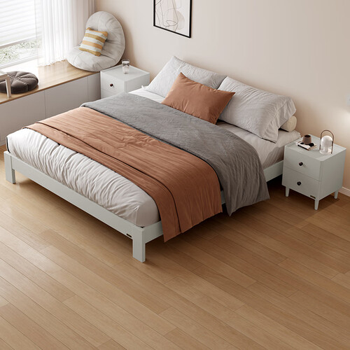 全友家居床奶油风板木床双人床卧室无床头设计实木铺板床架子126387a