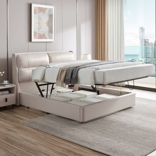 芝华仕真皮床简约现代双人带储物卧室c078灰蓝色送床垫18米