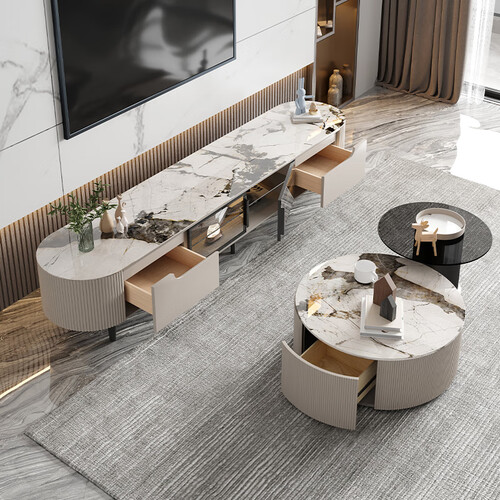 墨素 轻奢简约岩板茶几电视柜组合现代极简圆形茶几桌客厅家用小户型