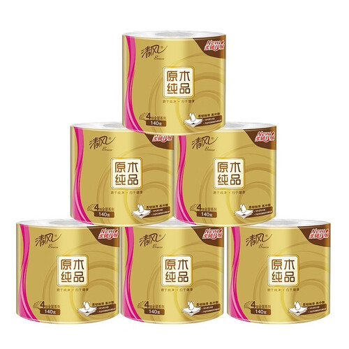 清风卷纸原木纯品金装4层加厚140克卫生纸巾10卷整箱10提装