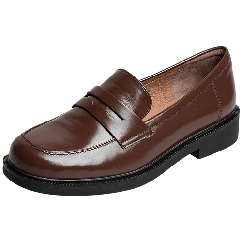 天美意皮鞋女鞋春秋乐福鞋圆头一脚蹬小商场同款休闲舒适妈妈鞋啡色36