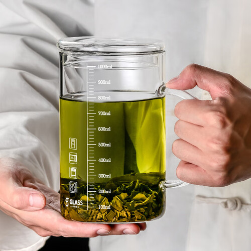 格娜斯cristalglass玻璃杯茶杯刻度1000ml大容量带盖办公室带把手喝水