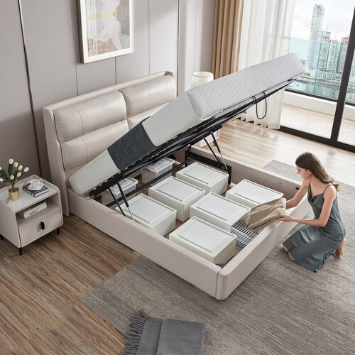 芝华仕真皮床简约现代双人带储物卧室c078灰蓝色送床垫18米