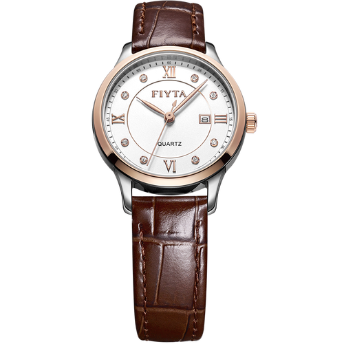 飞亚达fiyta经典系列日历白盘棕皮带石英女士手表小巧表盘520礼物送