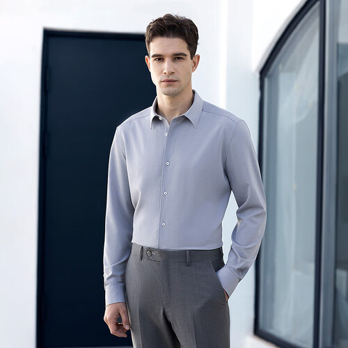 威可多vicutu弹力泡泡纱男士长袖衬衫吸湿透气休闲衬衣浅苍灰17596b