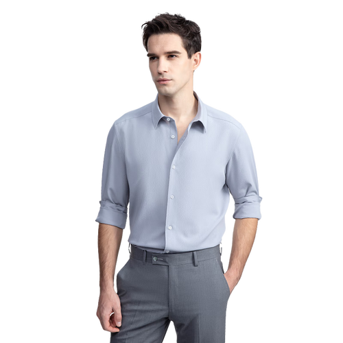 威可多vicutu弹力泡泡纱男士长袖衬衫吸湿透气休闲衬衣浅苍灰17596b