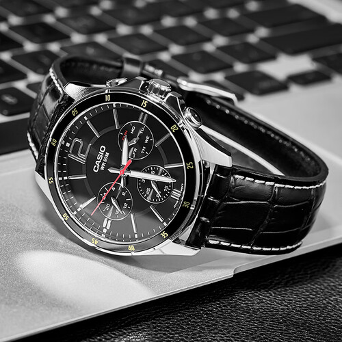 卡西欧(casio)手表男 商务休闲简约 夜光指针 防水三眼石英男表 mtp