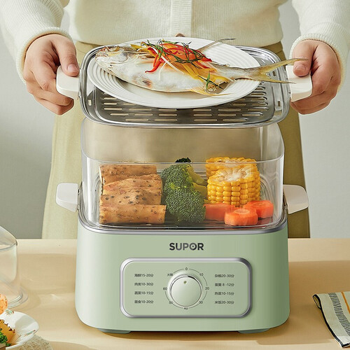 电蒸锅家用电煮锅电蒸箱可视蒸格不锈钢蒸篦三层透明旋钮定时小型zn23