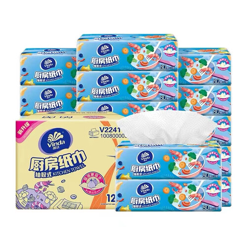 维达(vinda)厨房纸巾 vinda 维达 厨房抽纸 2层80抽12包(224*195mm)