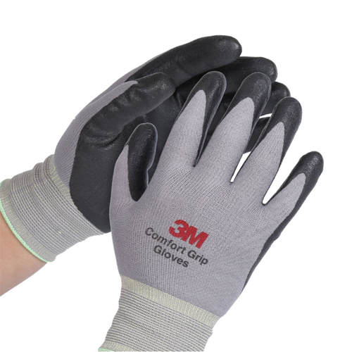 3m 防护手套舒适型防滑耐磨手套劳防手套丁腈掌浸手套灰色l高透气性
