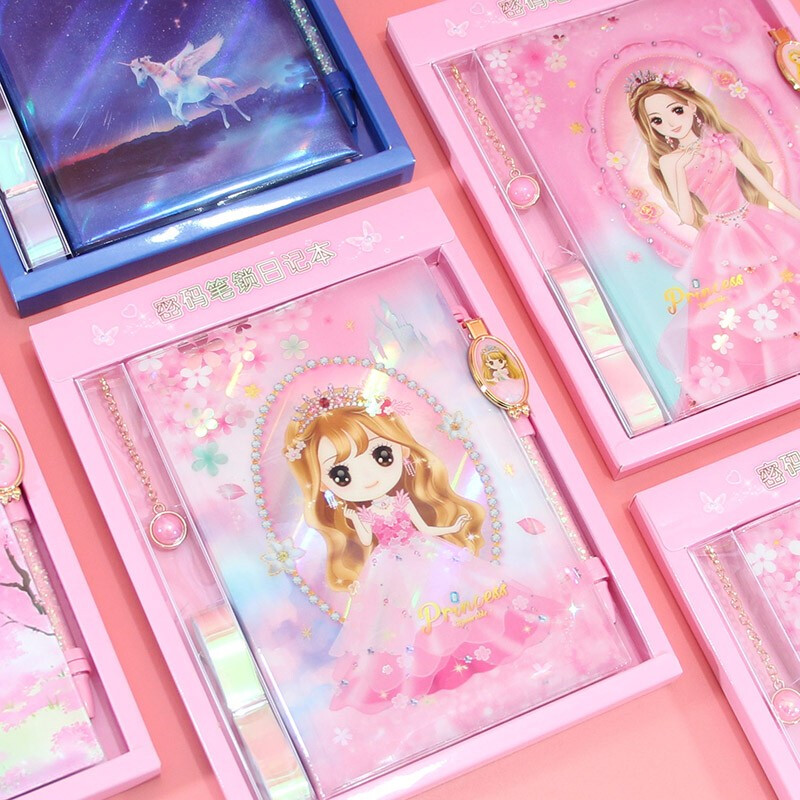 炫彩镭射流沙笔锁密码本带锁笔记本少女心独角兽手帐本套装学生日记本