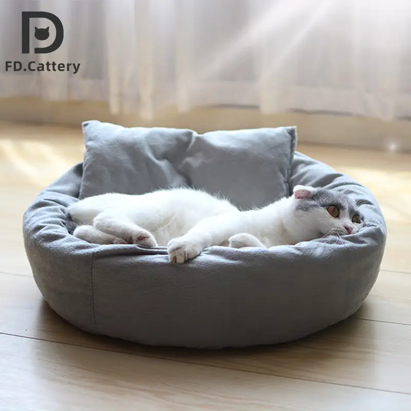 梵都宠舍猫窝四季通用圆形蛋挞窝带独立枕头猫咪深睡窝灰色XL号加厚绒布垫