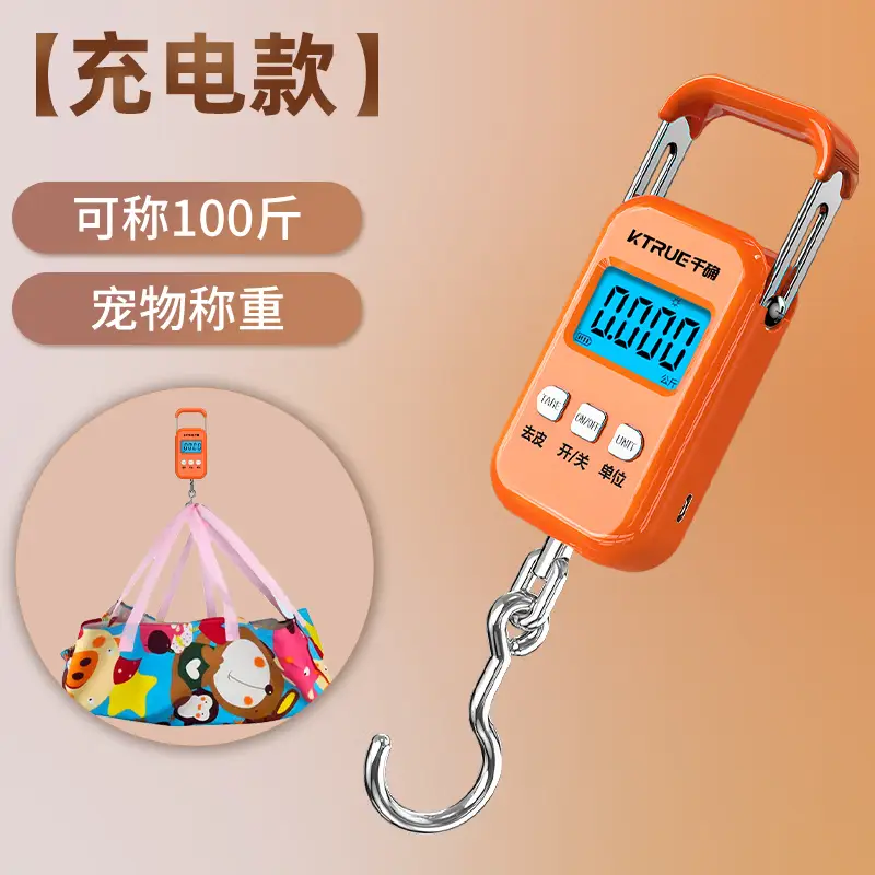千确宠物体重电子秤家用小型狗克秤猫咪手提称重器充电挂钩弹簧买菜称 棉布兜+50kg充电款手提秤【爱马仕橙】