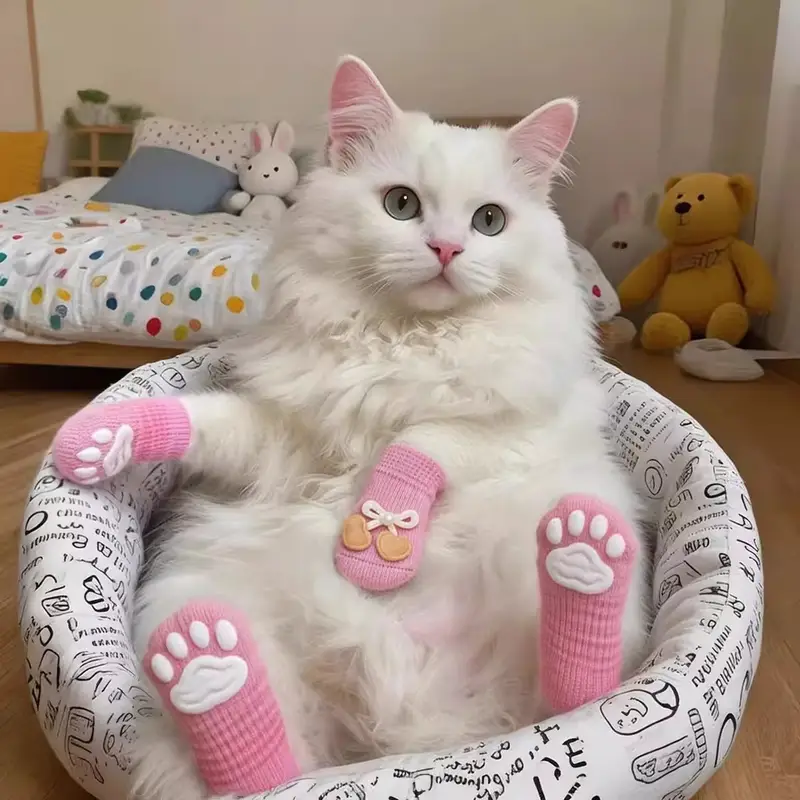 阿莫尔猫咪袜子防滑防脏保暖脚套防抓防挠猫爪套布偶幼防掉宠物可爱袜子 粉色蝴蝶结 S