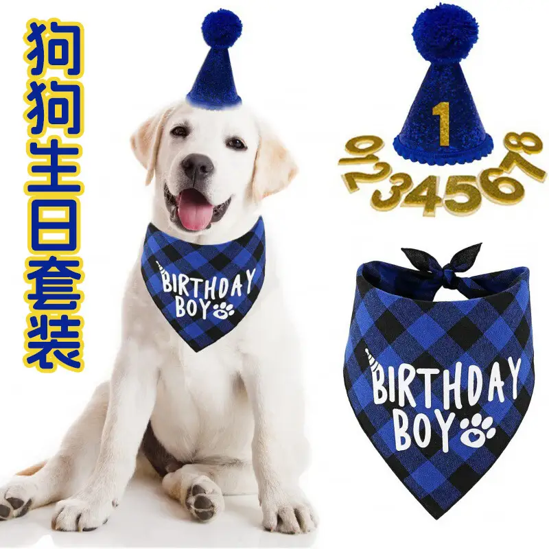 狗狗生日帽套装新款狗狗三角巾生日口水巾派对帽子宠物配饰宠物 口水巾+帽子-1套 宠物配饰