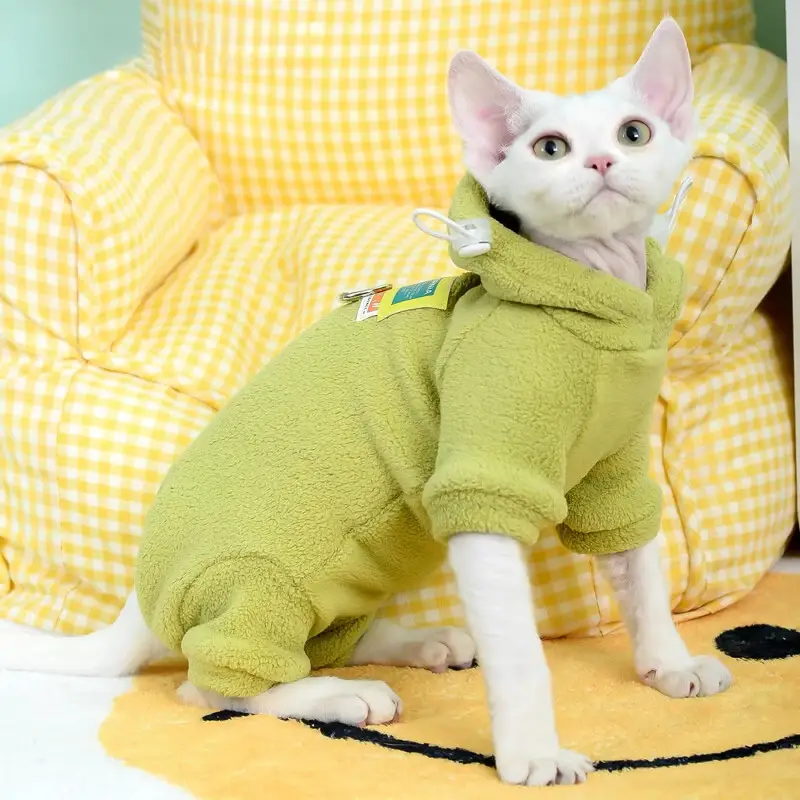 【新品】弹力绒护肚衣猫咪四脚衣保暖冬装宠物德文猫无毛猫衣服可 弹力绒连帽护肚衣-果绿 XS