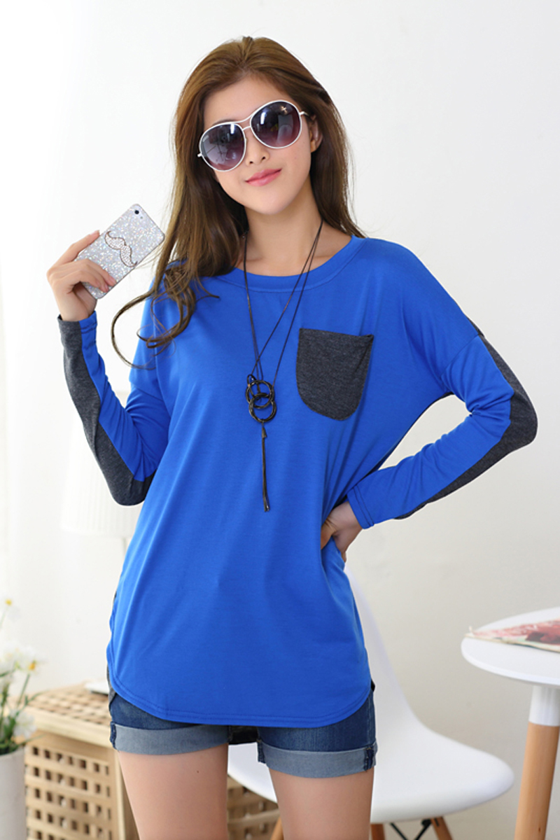 s 2014新款女圆领宽松蝙蝠袖拼接长袖t恤 蓝色 m